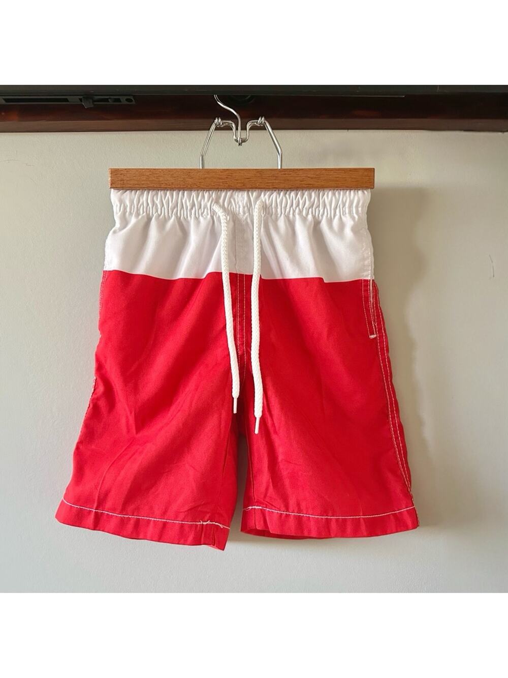 Boys Red White Swim Trunks Size 5-6 Color Block Surf Style